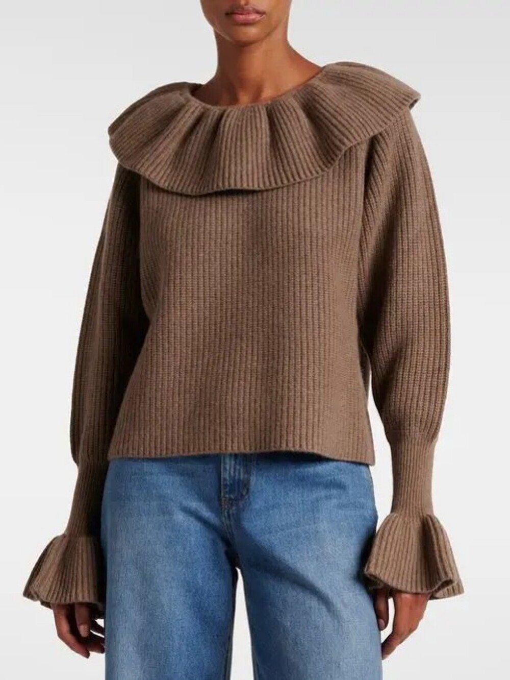 Altuzarra 100% Ella Merino Wool Ruffle Collar Sweater Brown Balloon Sleeve M